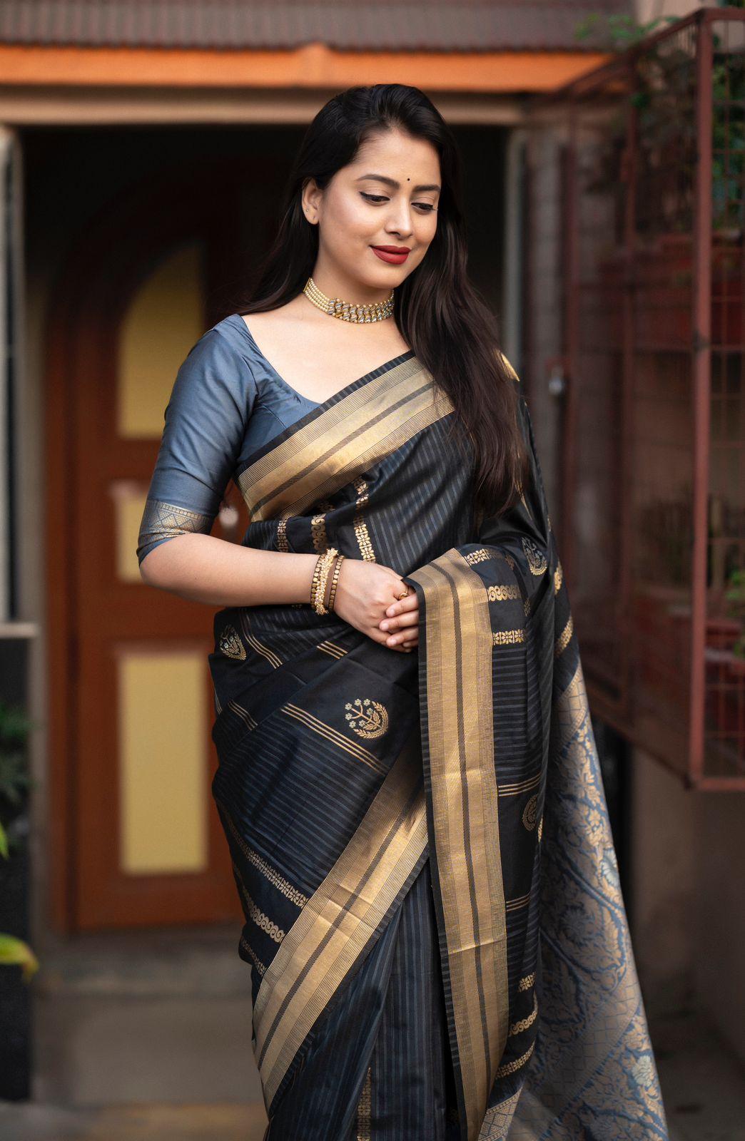 Blue Silk Woven Saree with Unstitched Blouse - Hiral Fashion
