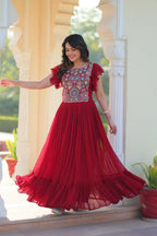 Joban Fashion Maroon Georgette Sequence Embroidery Work Gown - Distacart