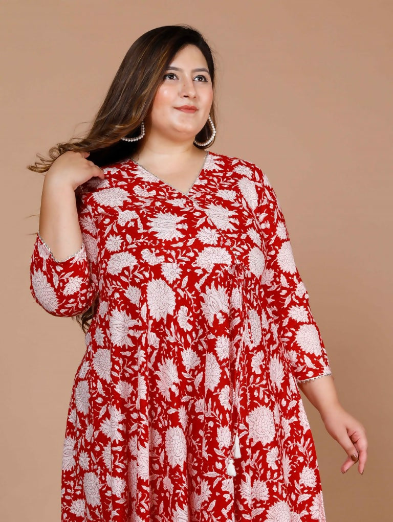Miravan Women's Plus Size Floral Printed Cotton Anarkali Kurta With Dupatta