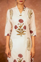 Joban Fashion Off White Red Floral Hand Block Printed Cotton Kurta Pant Set - Distacart