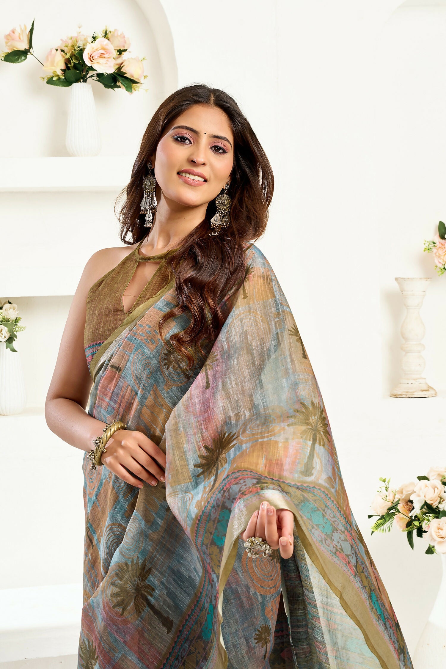 Joban Fashion Dusty Green Floral & Ethnic Motifs Linen Ready To Wear Saree With Unstitched Blouse - Distacart