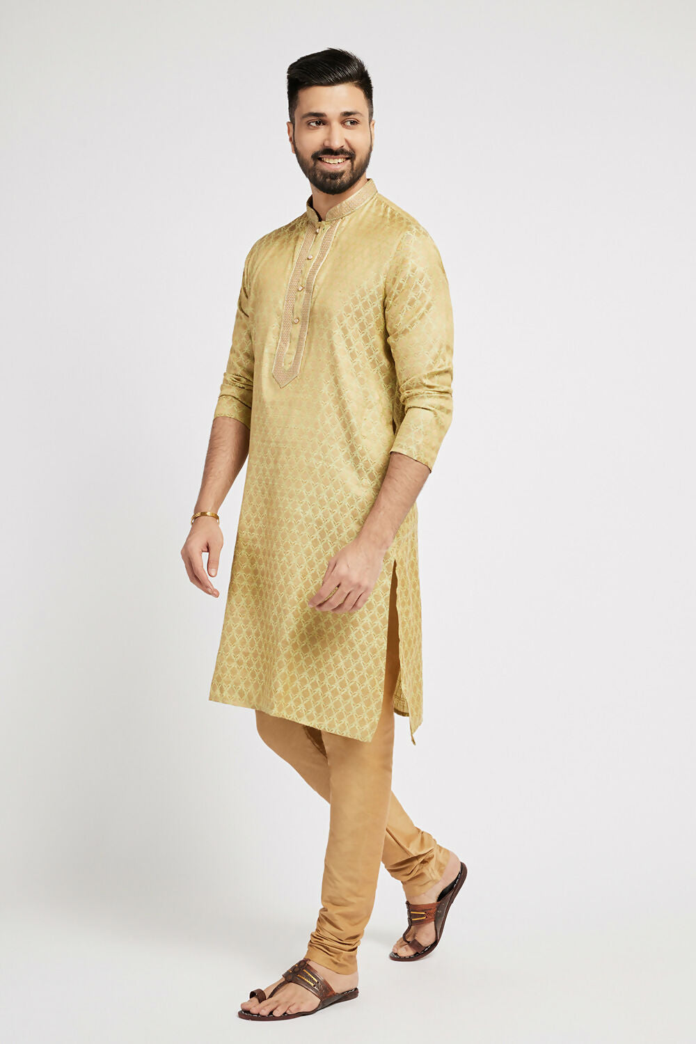 Ethnic India Green Men's Kurta Woven Design Polyester