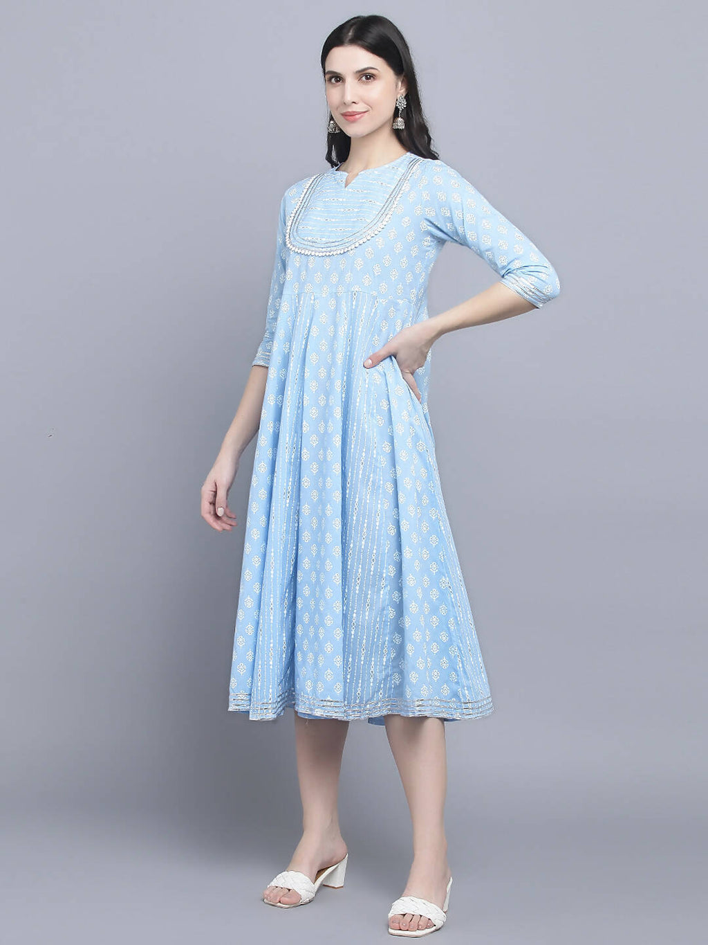 Myshka Women's Blue Ethnic Motifs Empire Midi Dress - Distacart