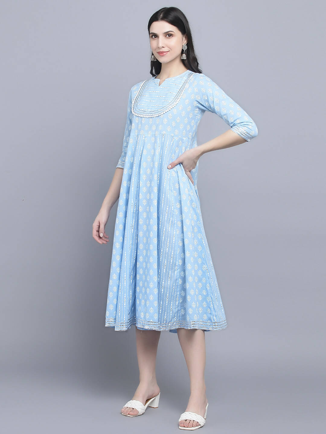 Myshka Women's Blue Ethnic Motifs Empire Midi Dress - Distacart