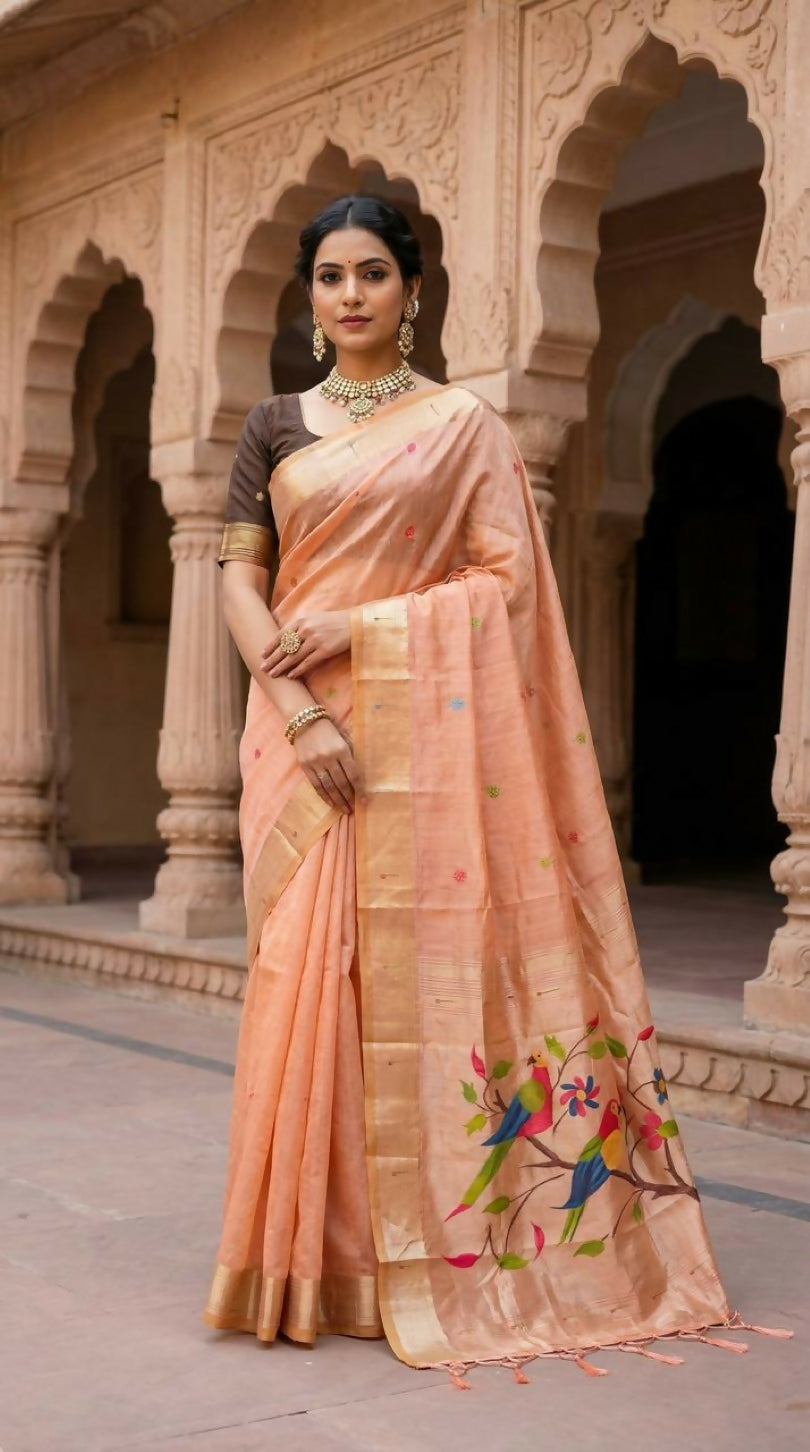 Vastranavya Peach Muga Cotton Meenakari & Munia Weaving Pallu Saree with Contrast Blouse - Distacart