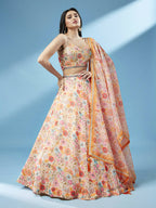 House of Panchhi Orange Organza Floral Printed Lehenga choli & Dupatta
