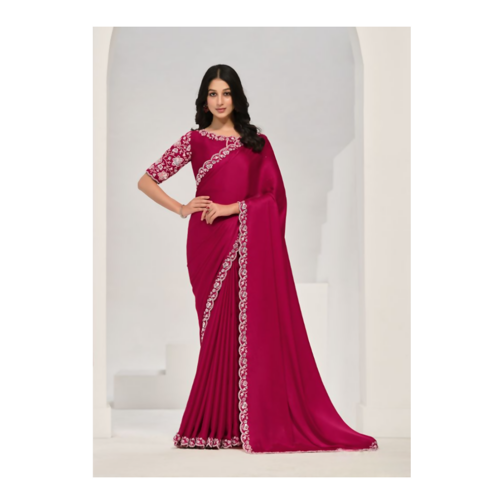 Pink Crepe Satin Silk Sequence Saree with Unstitched Blouse Piece - Norita Saanjh