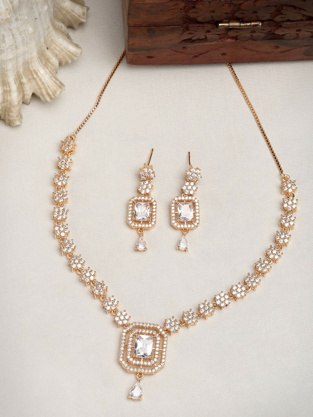 NVR Women's Gold-Polished American Diamond Studded Handcrafted Jewellery Set