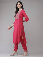 Yufta Women Pink Solid Kurta with Trouser & With Dupatta