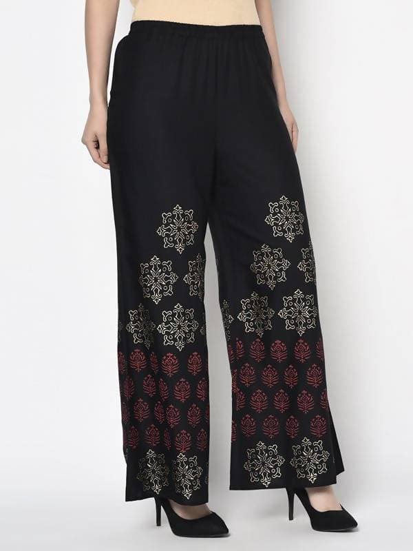 Aniyah Rayon Black Color Block Print Flared Slip-On Palazzo (AN-188K)