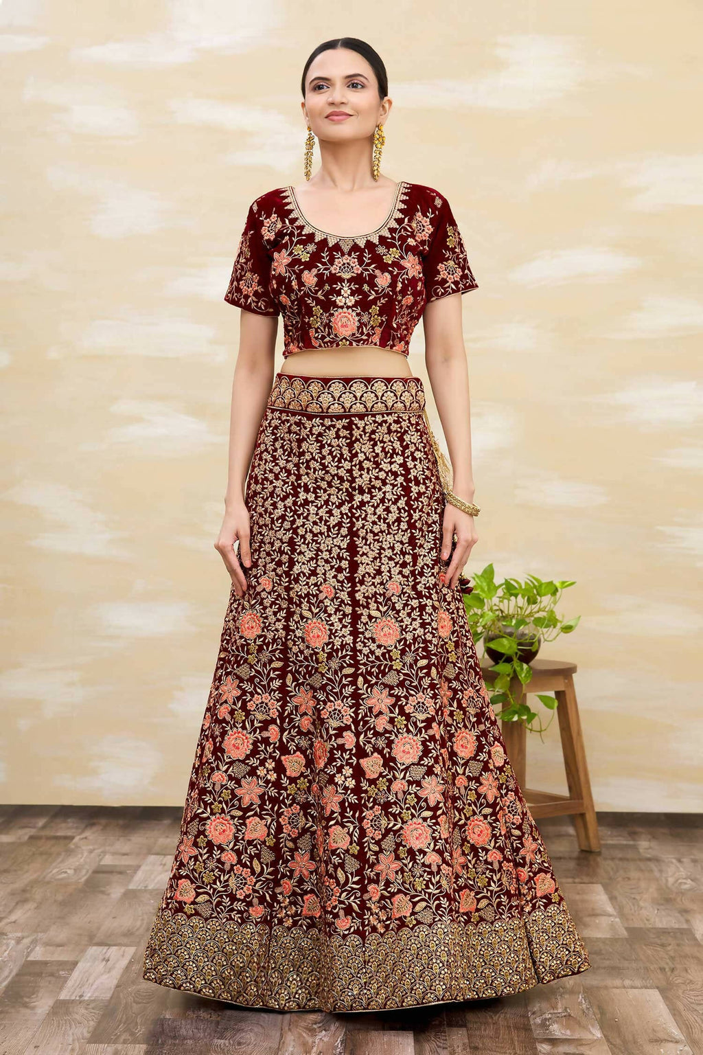 Maroon Velvet Semi-Stitched Wedding Bridal Lehenga - Nimaya