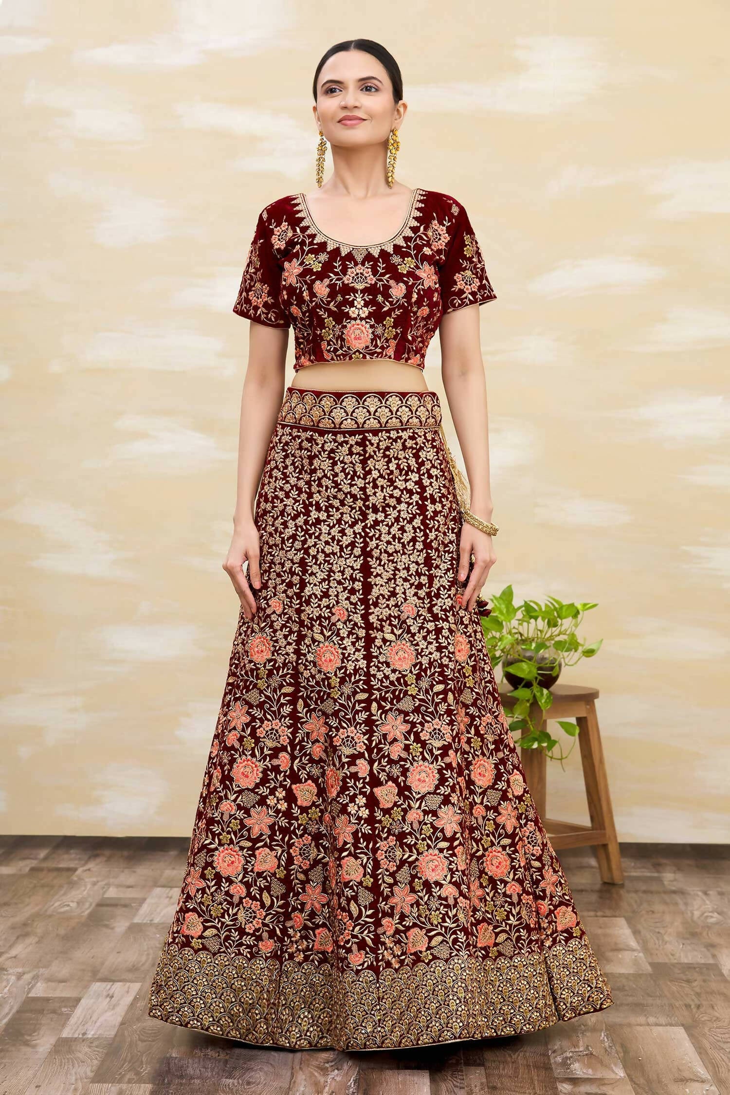 Maroon Velvet Semi-Stitched Wedding Bridal Lehenga - Nimaya