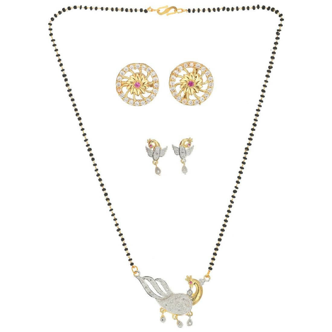 AanyaCentric Gold-Polished Mangalsutra with Pendant, 2 Pair Earrings