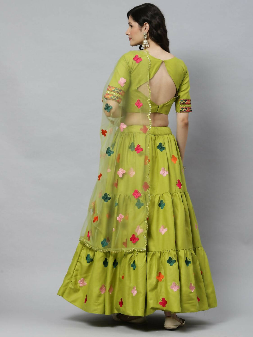 Green Cotton Embroidered Work Lehenga Choli with Dupatta - Jivika