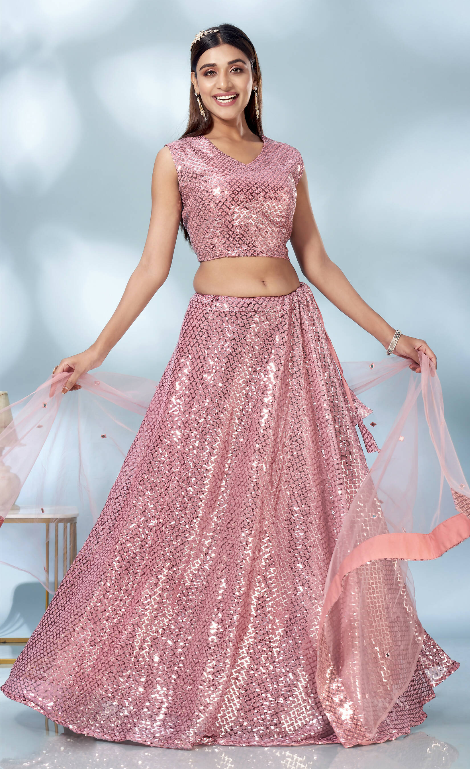Pink Net Heavy Sequence work Lehenga Choli with Dupatta - Tanya