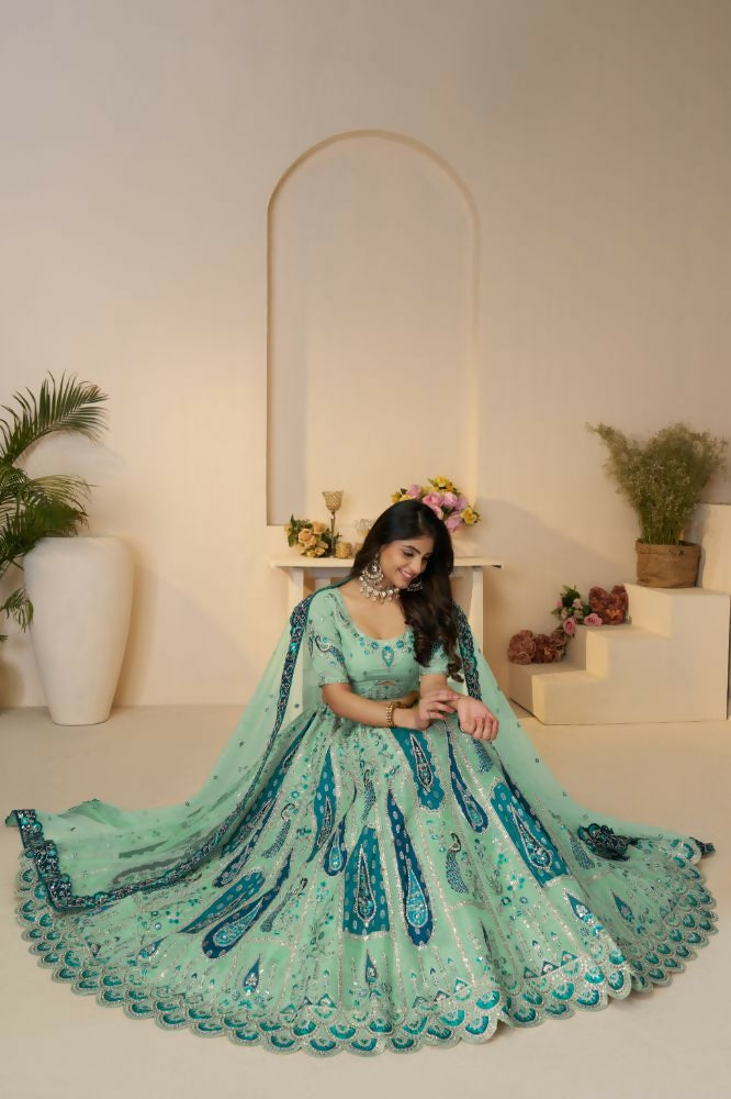 Kesar Fab Sky-Blue Banarasi Silk Embroidered Lehenga