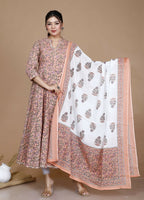 Miravan Women's Surpassing Orange Partywear Floral Printed Anarkali Kurta Dupatta 