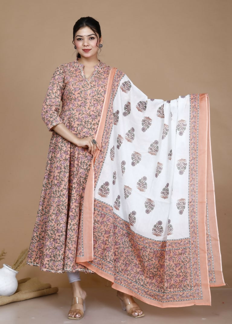 Miravan Women's Surpassing Orange Partywear Floral Printed Anarkali Kurta Dupatta 