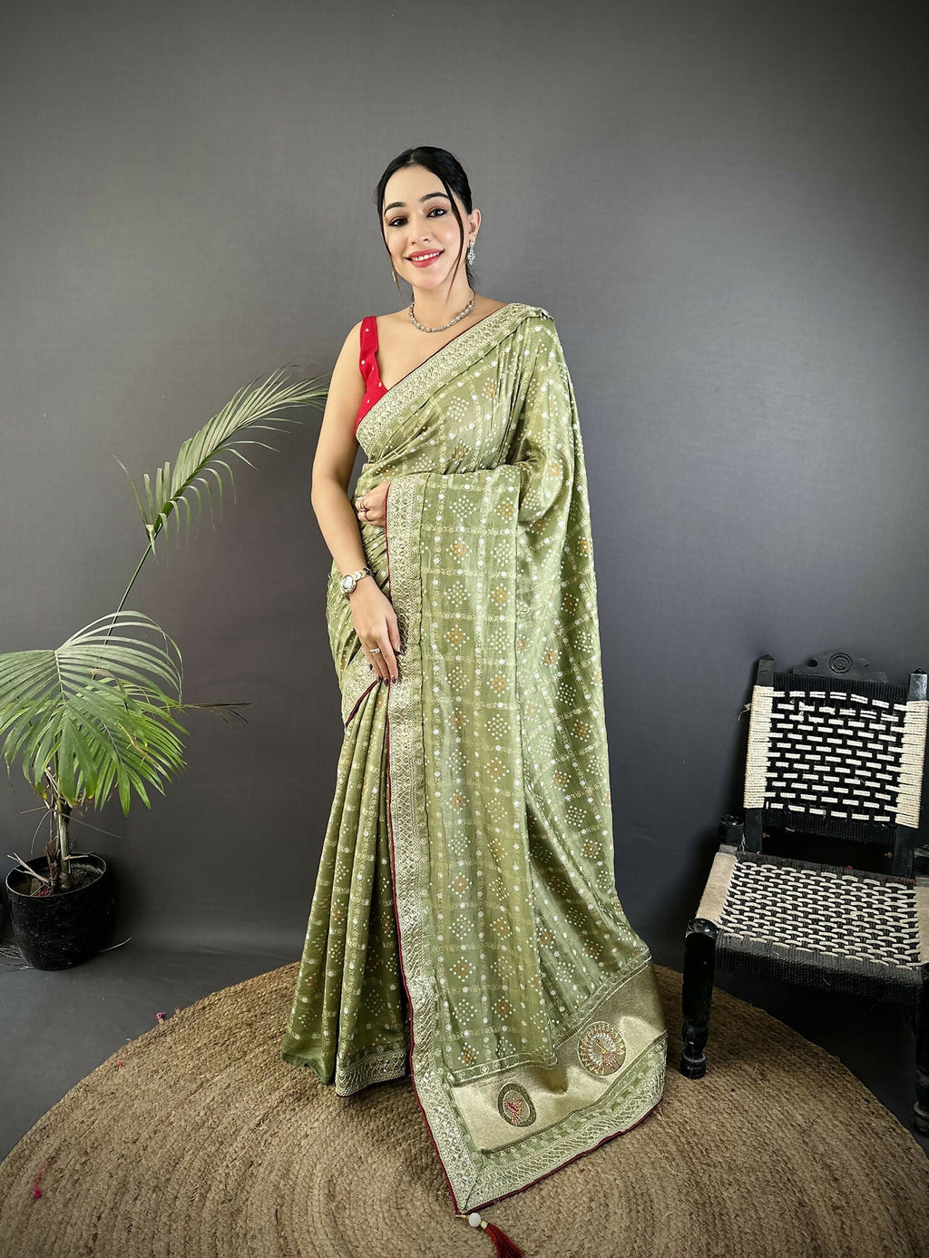 Joban Fashion Mehendi Green Bandhej Bandhani Vichitra Silk Bandhani Prints Saree - Distacart
