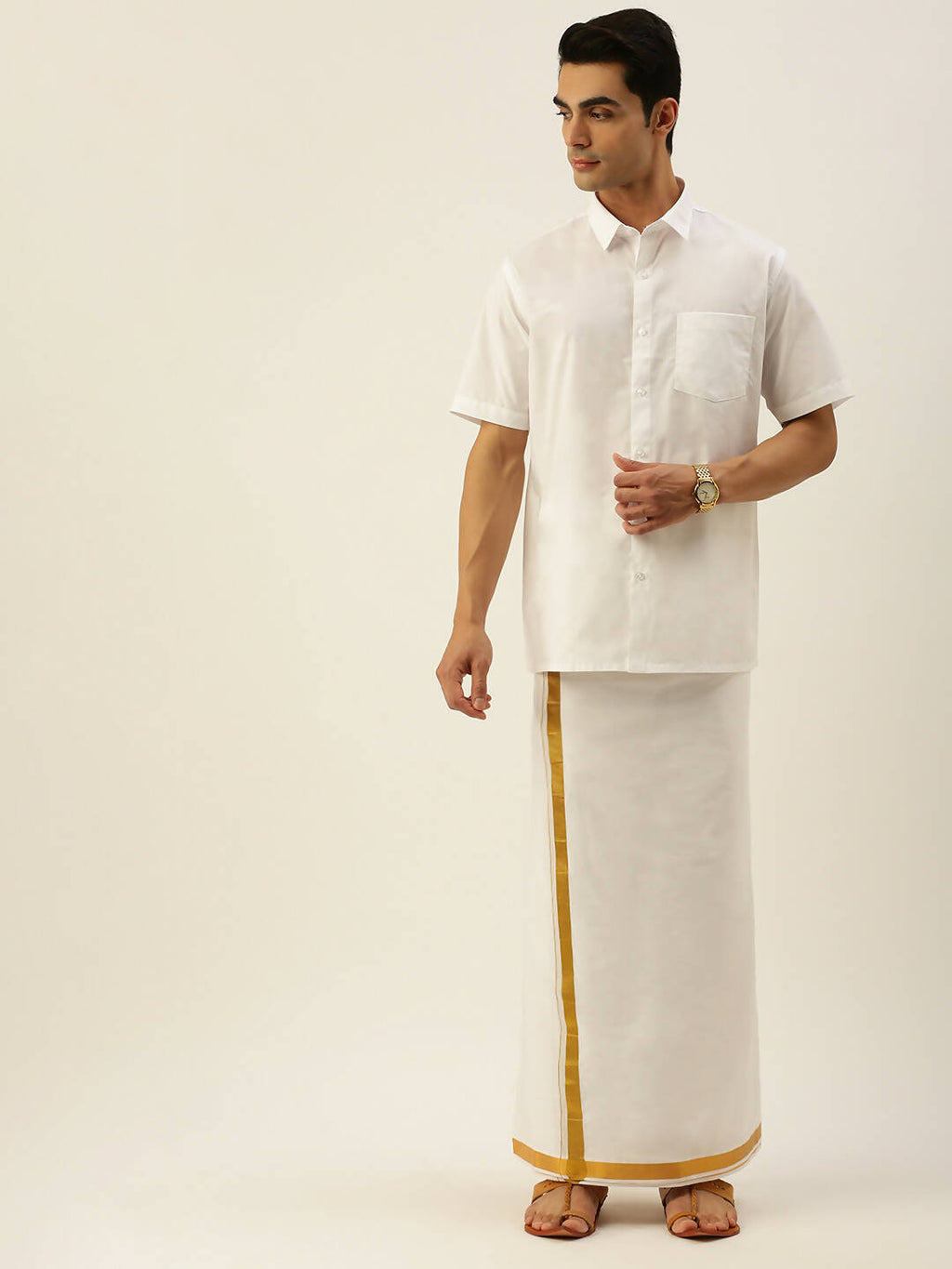 Ramraj Cotton Mens Pure Cotton 1 Inch Gold Jari Dhoti - Cream