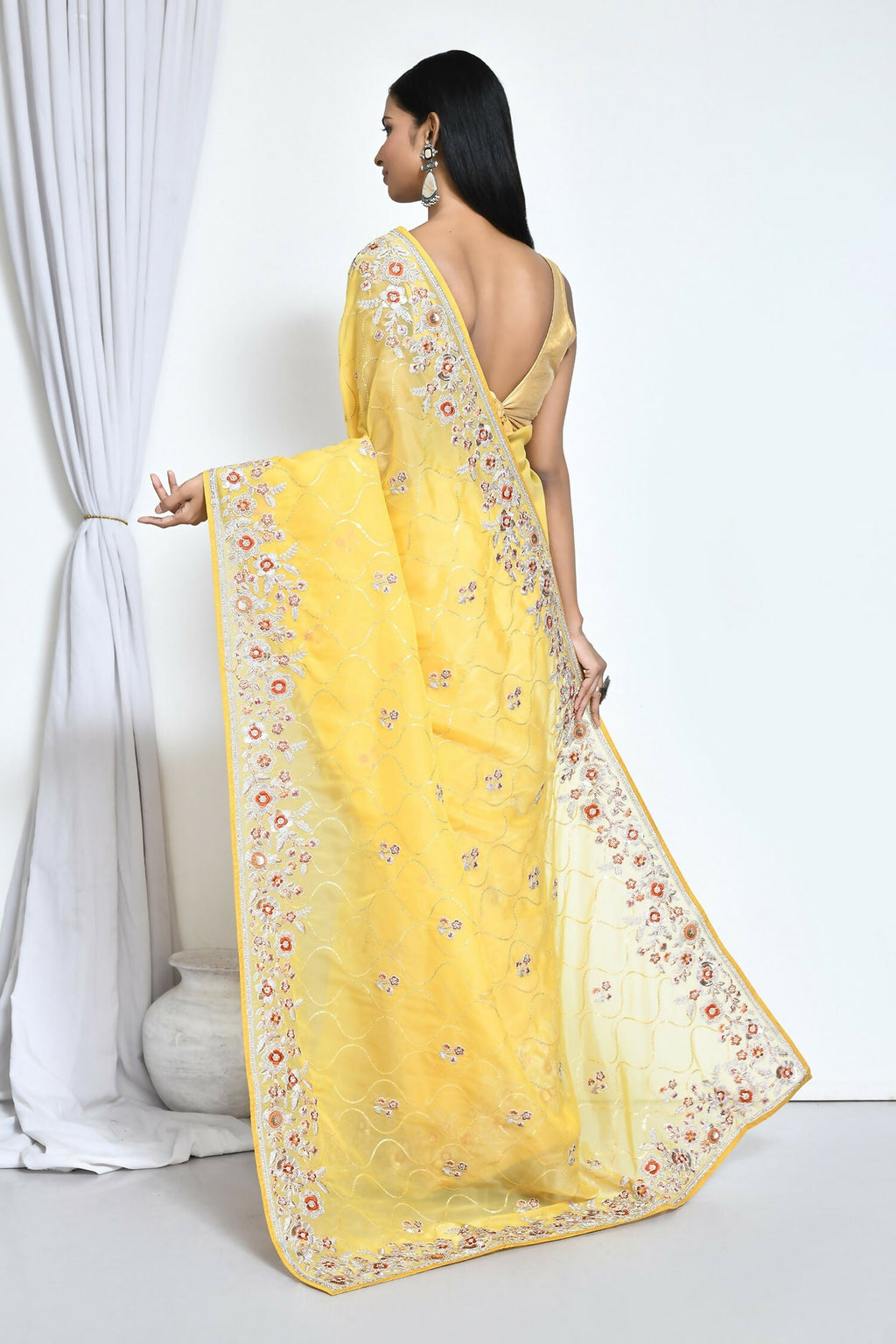 Yellow Organza Satin Silk Sequence Embroidered with Stone work Saree - Nimaya Benzy