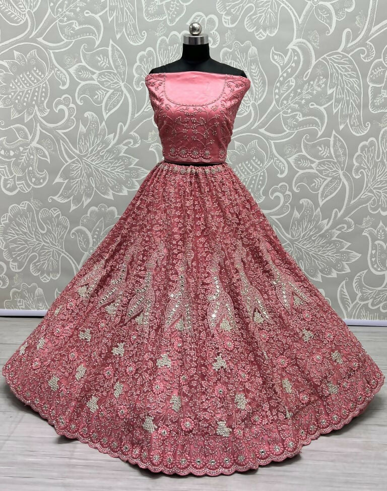 Jyoti Fashion Women's Pink Bridal Net Fancy Dori, Multi Thread, Hand Mirror and Diamond Work Wedding Lehenga Choli