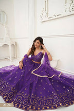 Aastha Fashion Purple Butterfly Net Tone To Tone Thread Work And Sandwich Sequence Work Embroidery Wedding Wear Lehenga Choli
