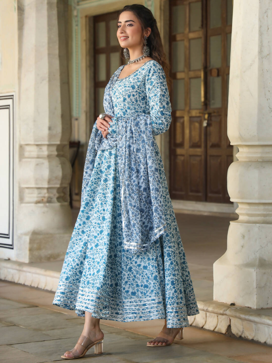 Juniper Women's Blue Cambric Floral Printed Circular Kurta Dupatta Sets - Distacart