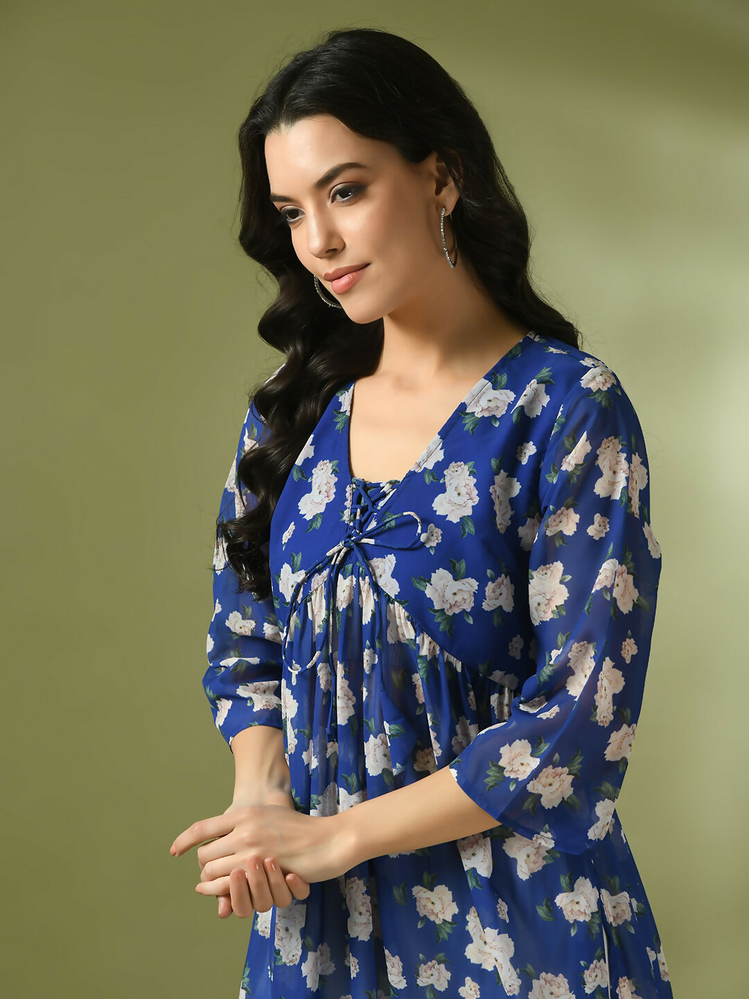 Myshka Women's Blue Printed Georgette A-Line Nyra-cut Kurta