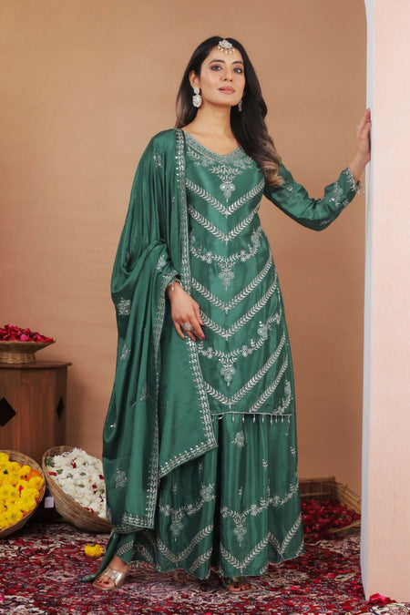 Teeya Creation Green Color Chinon Silk Wedding Wear Trending Palazzo Set