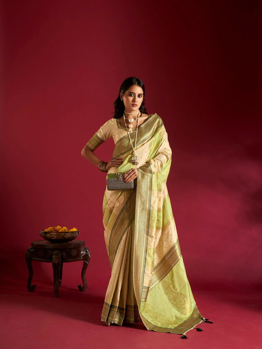 Joban Fashion Cream & Parrot Green Plain With Weaving Border Banarasi Silk Sarees