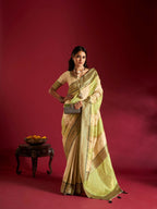 Joban Fashion Cream & Parrot Green Plain With Weaving Border Banarasi Silk Sarees
