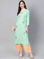 Yufta Women Sea Green & Peach Embroidered Kurta with Palazzo