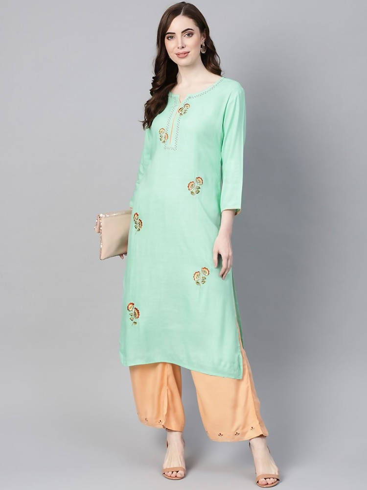 Yufta Women Sea Green & Peach Embroidered Kurta with Palazzo