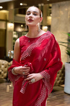 Vastranavya Red Embroidery Work Shimmer Chiffon Saree with Unstitched Blouse - Distacart