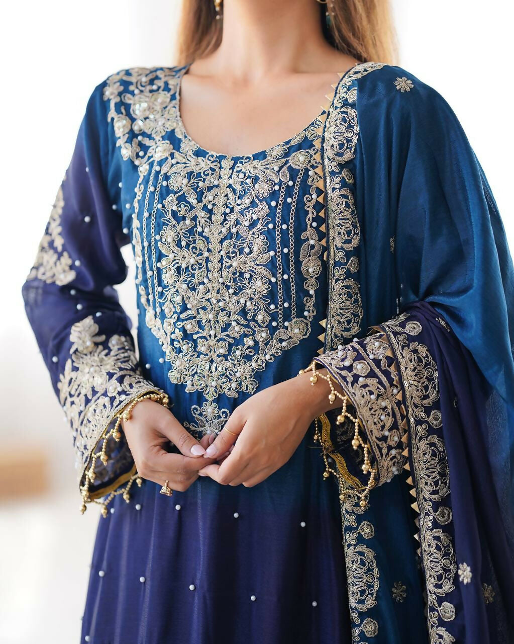 The52 Women's Beautiful Chinon silk Fabric Embroidery Work Straight Kurta Palazzo and Dupatta Set - Distacart