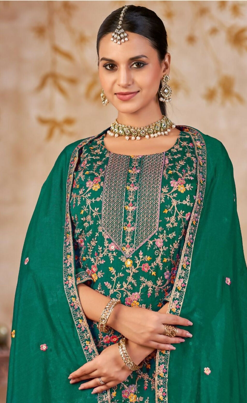 Anaita Emerald Green Vichitra Silk Readymade Palazzo Suit with Embroidery & Lace Work - Distacart