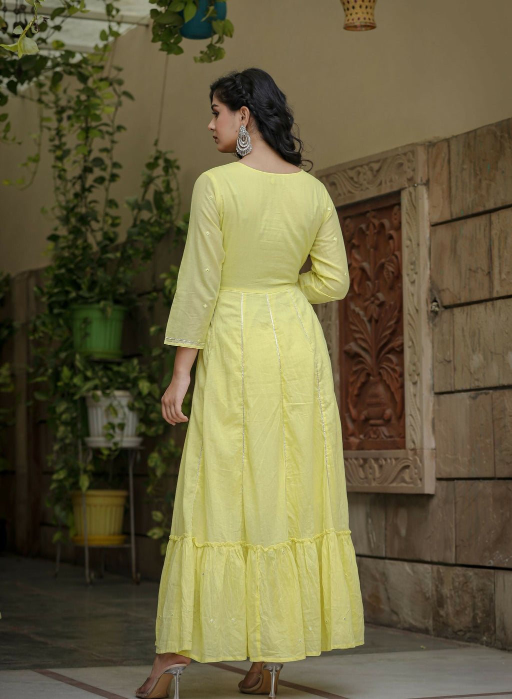 Kaajh Women's Yellow Mirror Embroidered Cotton Dress - Distacart