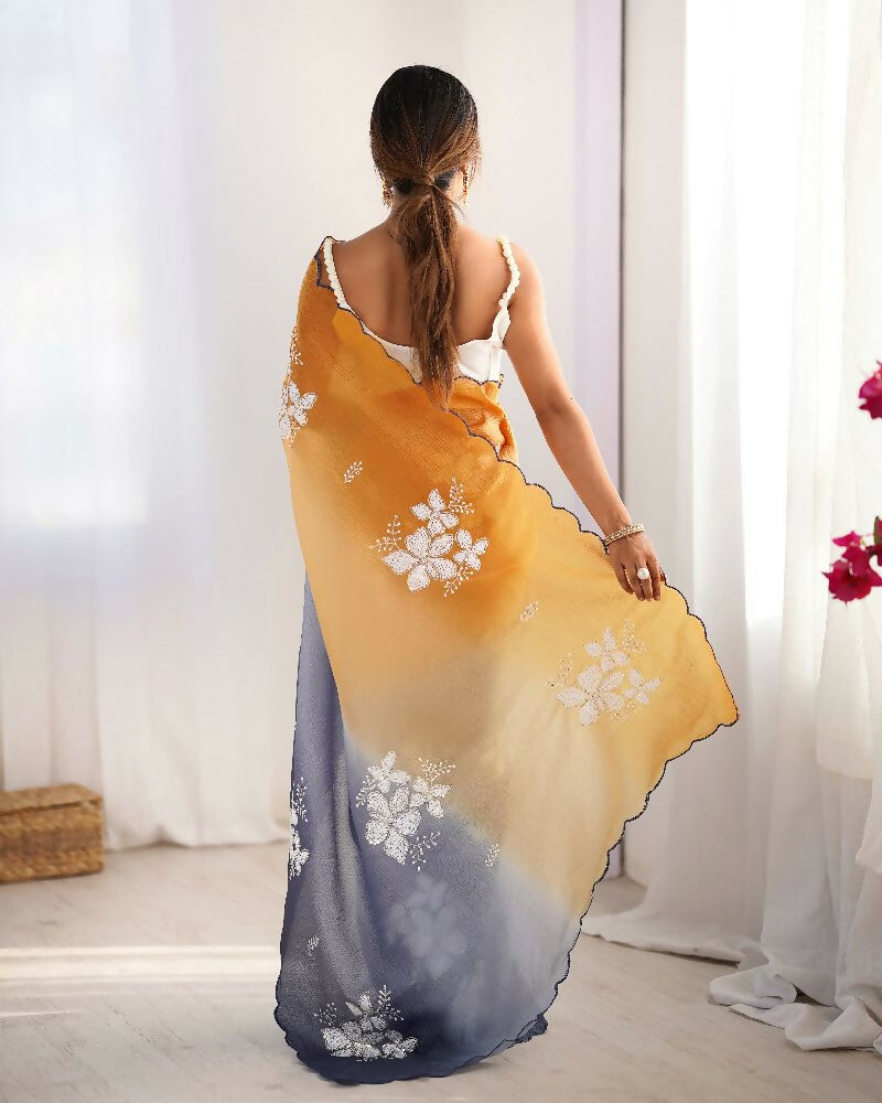 Orange and Grey Crunchy Crush Pedding Color Embroidery Work Party Wear Saree - Zuleika