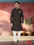 Joban Fashion Men's Marron Base Straight Velvet Thread And Sequence Embroidary All Over Indo-Western Kurta Set