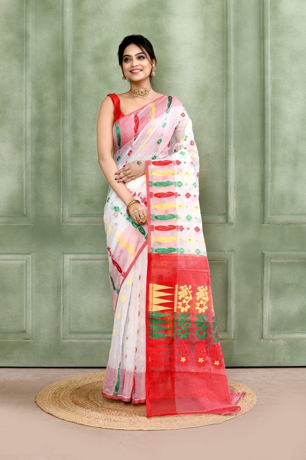 Piyari Fashion Women's White Embellished Cotton Blend Jamdani Saree - Distacart
