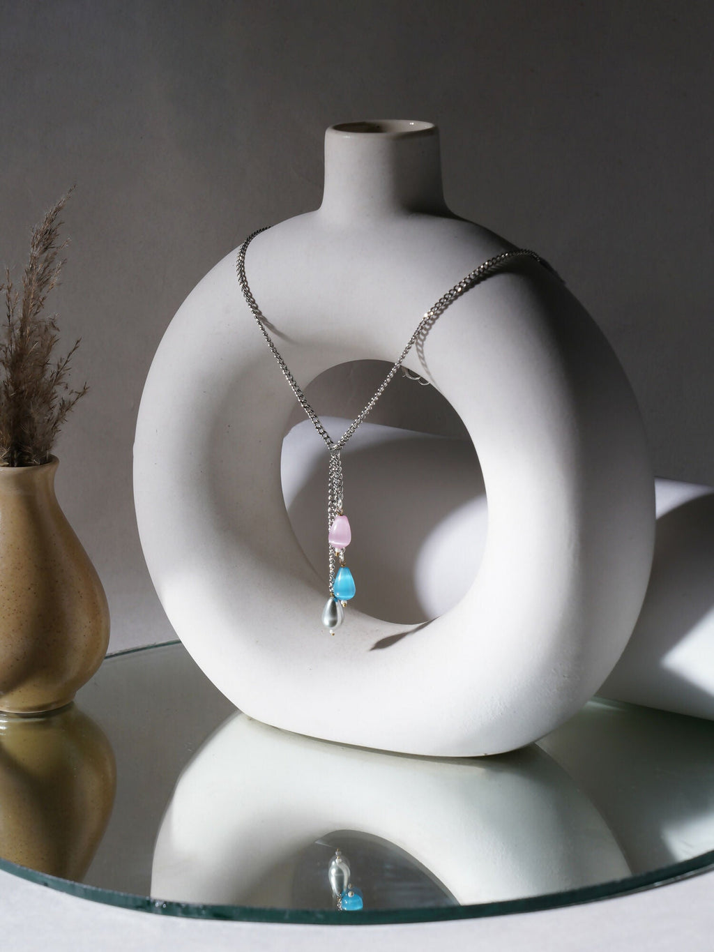 Long Silver Neckpiece with Multi Stones (silver) - Ruby Raang