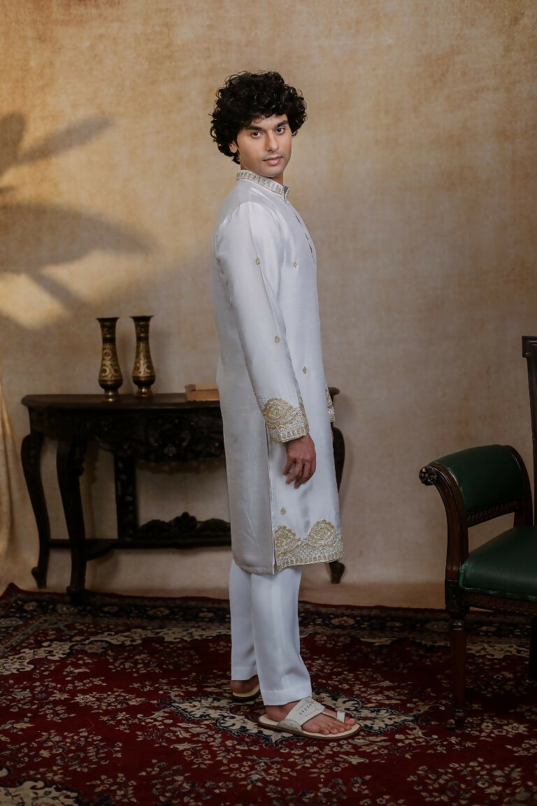 Falling Raw Silk White Mandala Kurta Set By Hilo Design