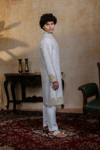 Falling Raw Silk White Mandala Kurta Set By Hilo Design