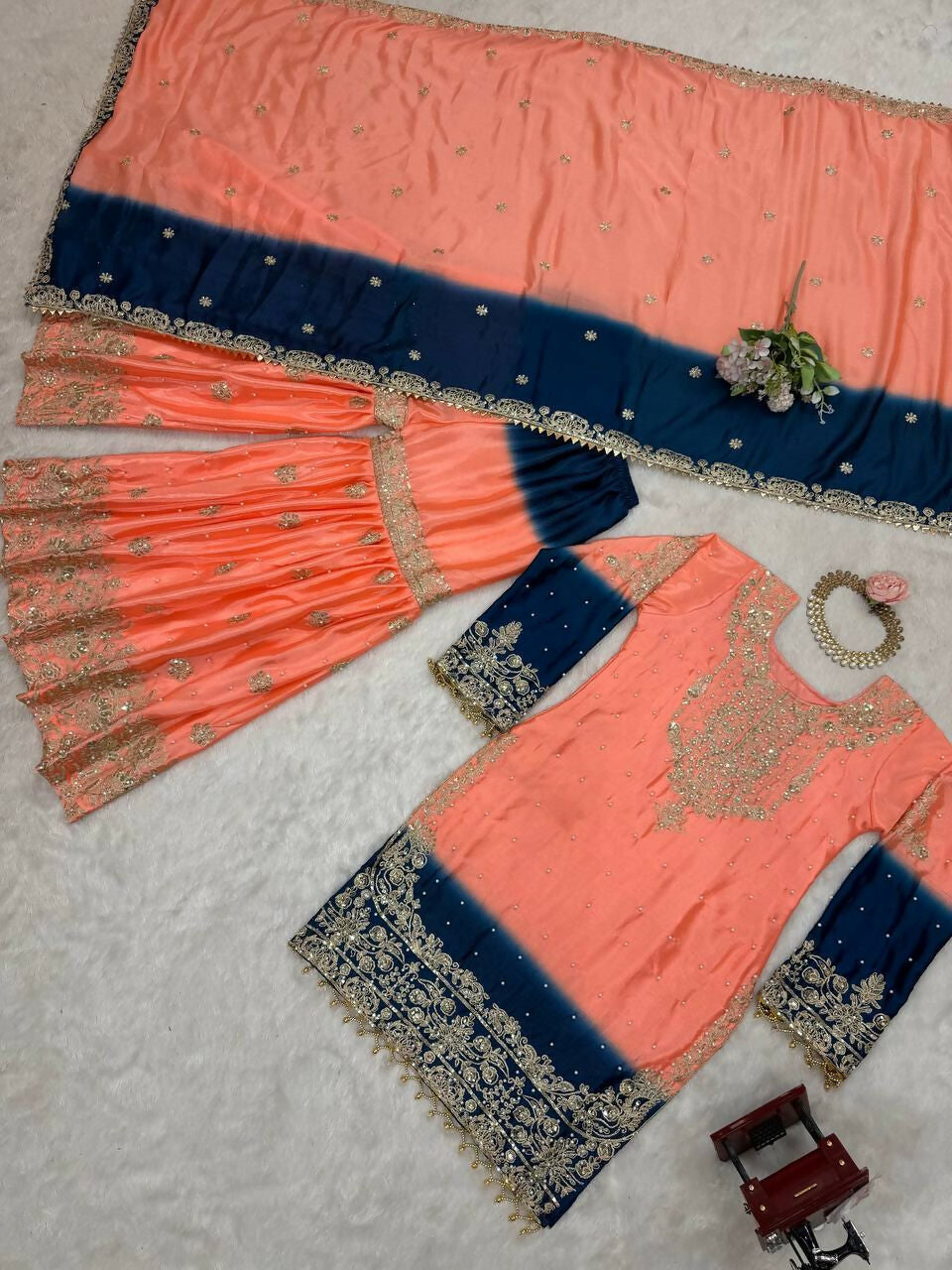 The52 Women's Beautiful Chinon silk Fabric Embroidery Work Straight Kurta Palazzo and Dupatta Set - Distacart