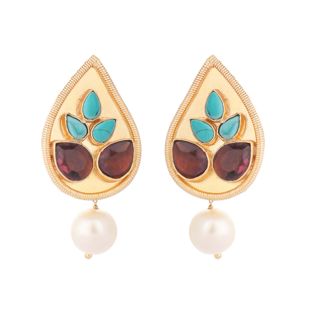 Nuyug 22K Gold Plated Faux Turquoise Stone Studded Contemporary Petal Shaped Pearl Drop Stud Earrings - Distacart