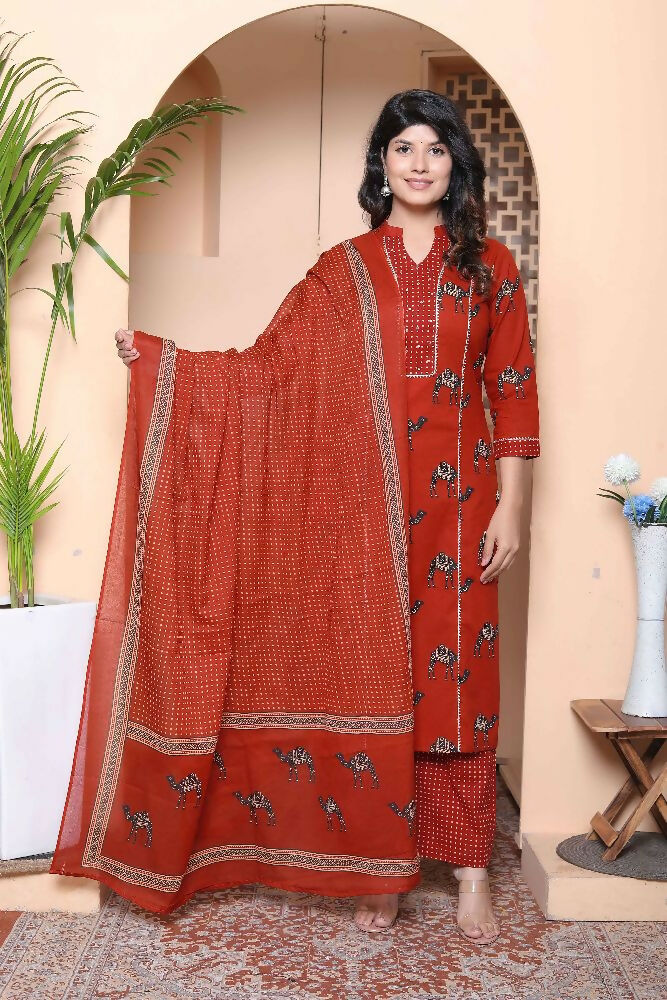 Miravan Womens Pure Cotton Animal Printed Straight Kurta With Palazzo & Dupatta Set - Distacart