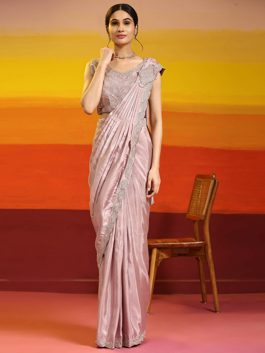 Lavendar Silk Satin Plain Ready to wear Saree with stitched Blouse - Vrinda