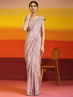 Lavendar Silk Satin Plain Ready to wear Saree with stitched Blouse - Vrinda