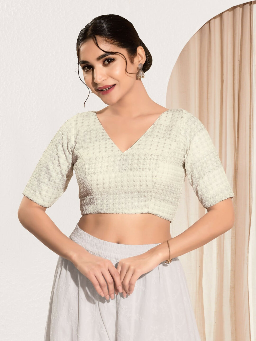 Joban Fashion Off White Crochet Padded Blouse With V Neck Elbow Sleeves - Distacart